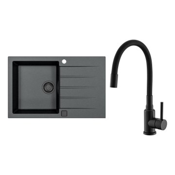 ALVEUS SETA23231 - Évier de cuisine CADIT 79x50 cm + robinet avec bras flexible MINTAS 34 cm granit/mat noir