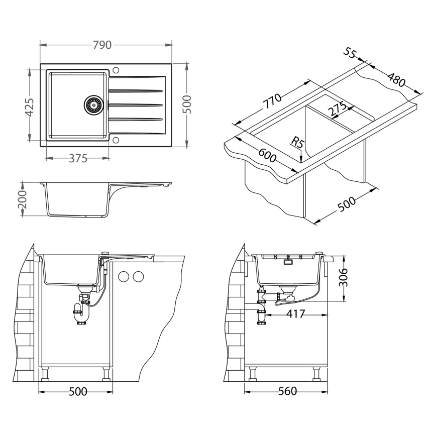 ALVEUS SETA23231 - Évier de cuisine CADIT 79x50 cm + mitigeur d'évier à bras flexible MINTAS 34 cm granite/noir mat
