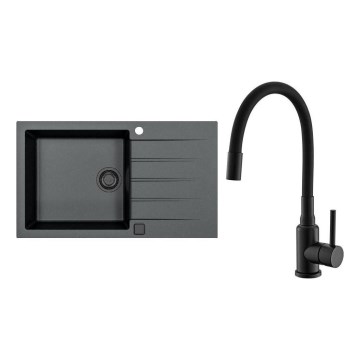 ALVEUS SETA23232 - Évier de cuisine CADIT 86x50 cm + robinet avec bras flexible MINTAS 34 cm granit/noir mat