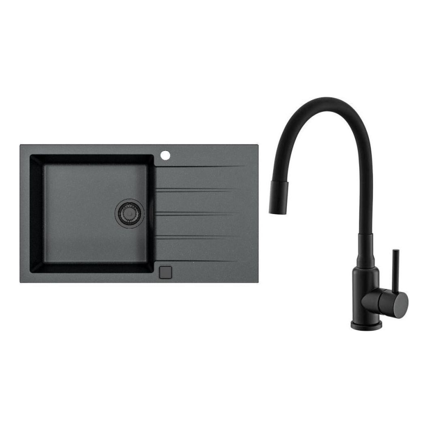 ALVEUS SETA23232 - Évier de cuisine CADIT 86x50 cm + robinet flexible MINTAS 34 cm granit/noir mat