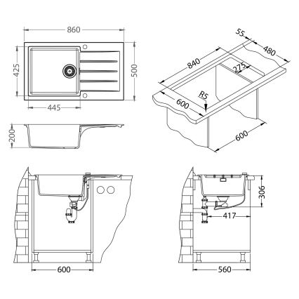 ALVEUS SETA23232 - Keuken gootsteen CADIT 86x50 cm + kraan met flexibele uitloop MINTAS 34 cm graniet/mat zwart