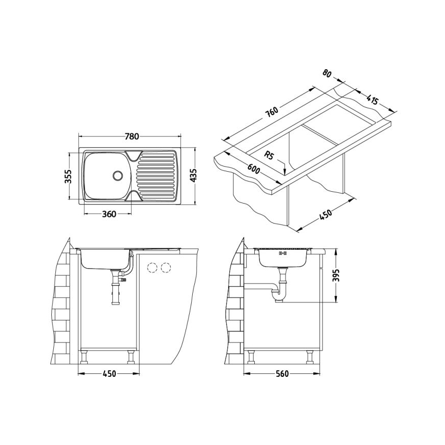 ALVEUS SETA259 - Keukenspoelbak BASIC 78 x 43,5 cm + keukenkraan RIVIERA 14,8 cm satijn/hoogglans chroom
