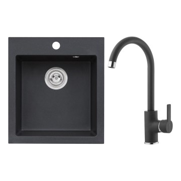 ALVEUS SETA737 - Keukenwasbak CORTINA 50x45 cm + kraan met flexibele uitloop TONIA 29,5 cm graniet/mat zwart