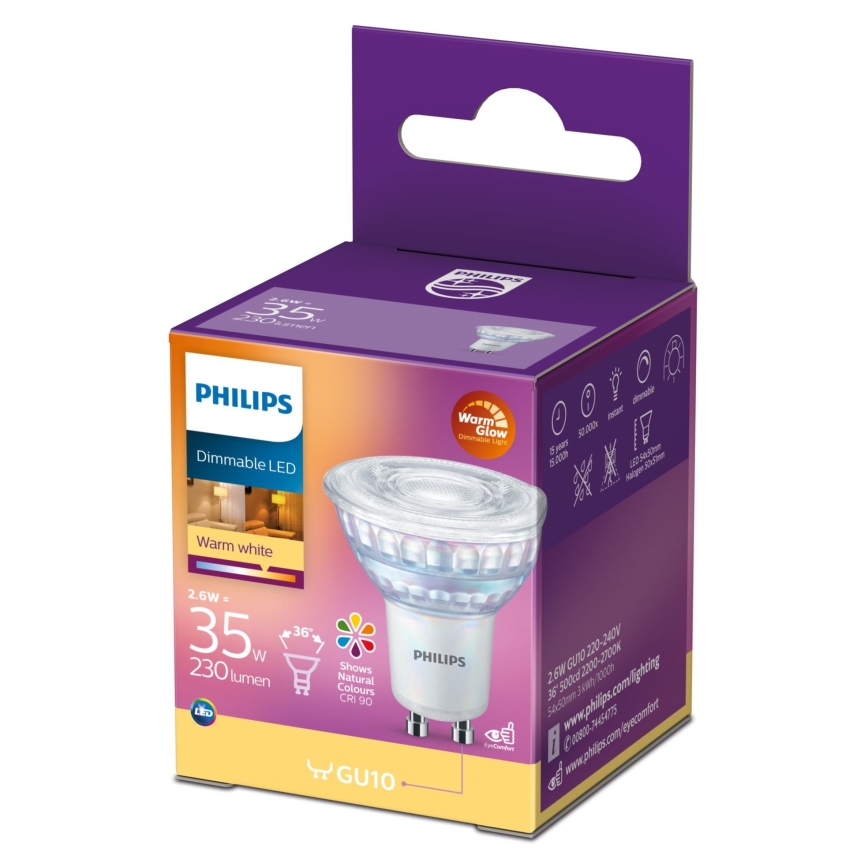 Ampoule à intensité variable LED Philips Warm Glow GU10/2,6W/230V 2200-2700K CRI 90