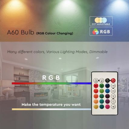 Ampoule à intensité variable LED RGB A60 E27/8,5W/230V 4000K + télécommande