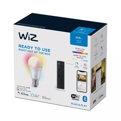 Ampoule à intensité variable LED RGBW A60 E27/8,5W/230V 2200-6500K  CRI 90 Wi-Fi + télécommande - WiZ