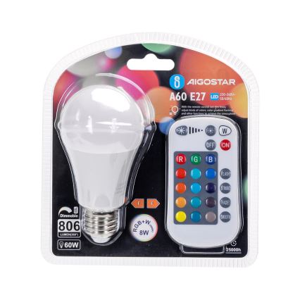 Ampoule à intensité variable LED RGBW E27/8W/230V 3000K + Télécommande - Aigostar