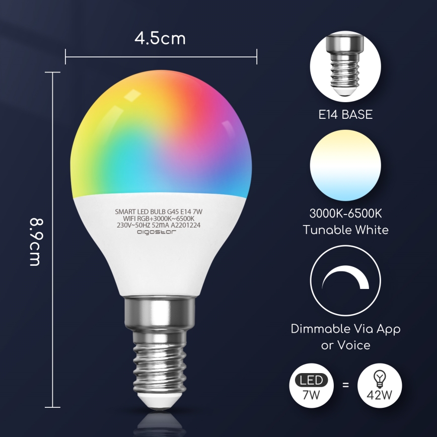 Ampoule à intensité variable LED RGBW G45 E14/7W/230V 3000-6500K Wi-Fi - Aigostar