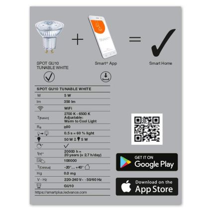 Ampoule à intensité variable LED SMART+ GU10/5W/230V 2,700K-6,500K Wi-Fi - Ledvance