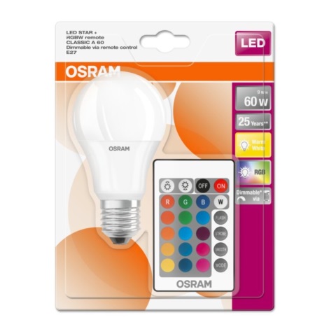 Ampoule dimmable LED RGB E27/9W/230V 2700K avec télécommande - Osram