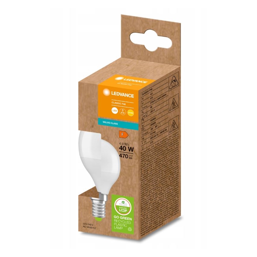 Ampoule en plastique recyclé P45 E14/4,9W/230V 2700K - Ledvance