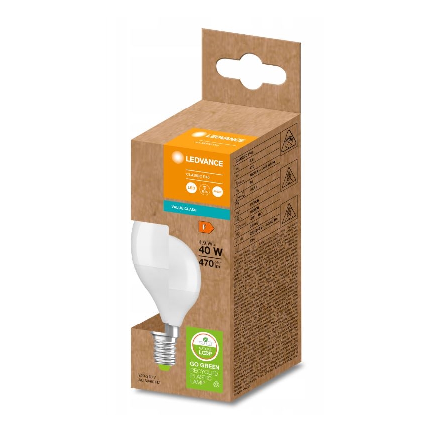 Ampoule en plastique recyclé P45 E14/4,9W/230V 4000K - Ledvance