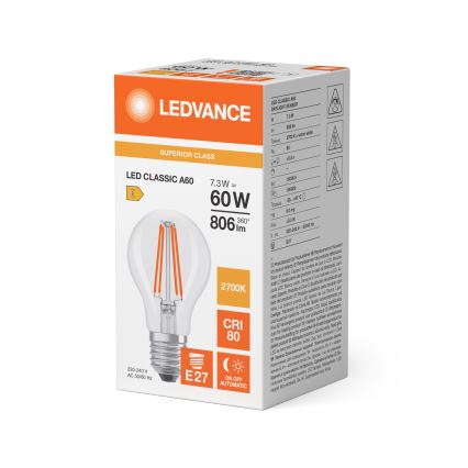Ampoule LED à capteur crépusculaire CLASSIC FILAMENT A60 E27/7,3W/230V 2700K - Osram