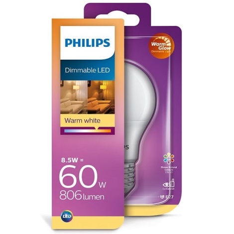 Ampoule LED à intensité variable Philips Warm Glow  A60 E27/8,5W/230V 2200-2700K CRI 90