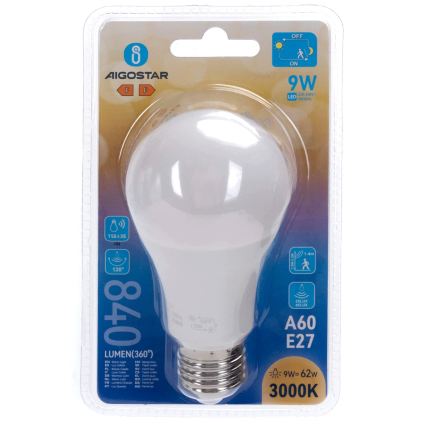 Ampoule LED avec détecteur de mouvement et capteur crépusculaire A60 E27/9W/230V 3000K - Aigostar