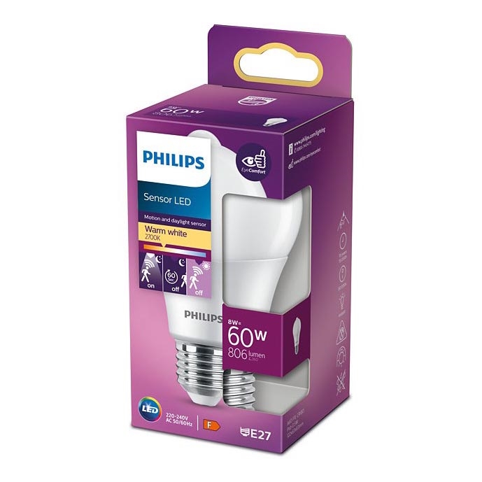 Ampoule LED avec détecteur Philips A60 E27/8W/230V 2700K