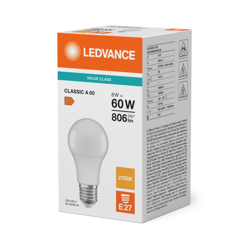 Ampoule LED CLASSIC A60 E27/8W/230V 2700K - Ledvance