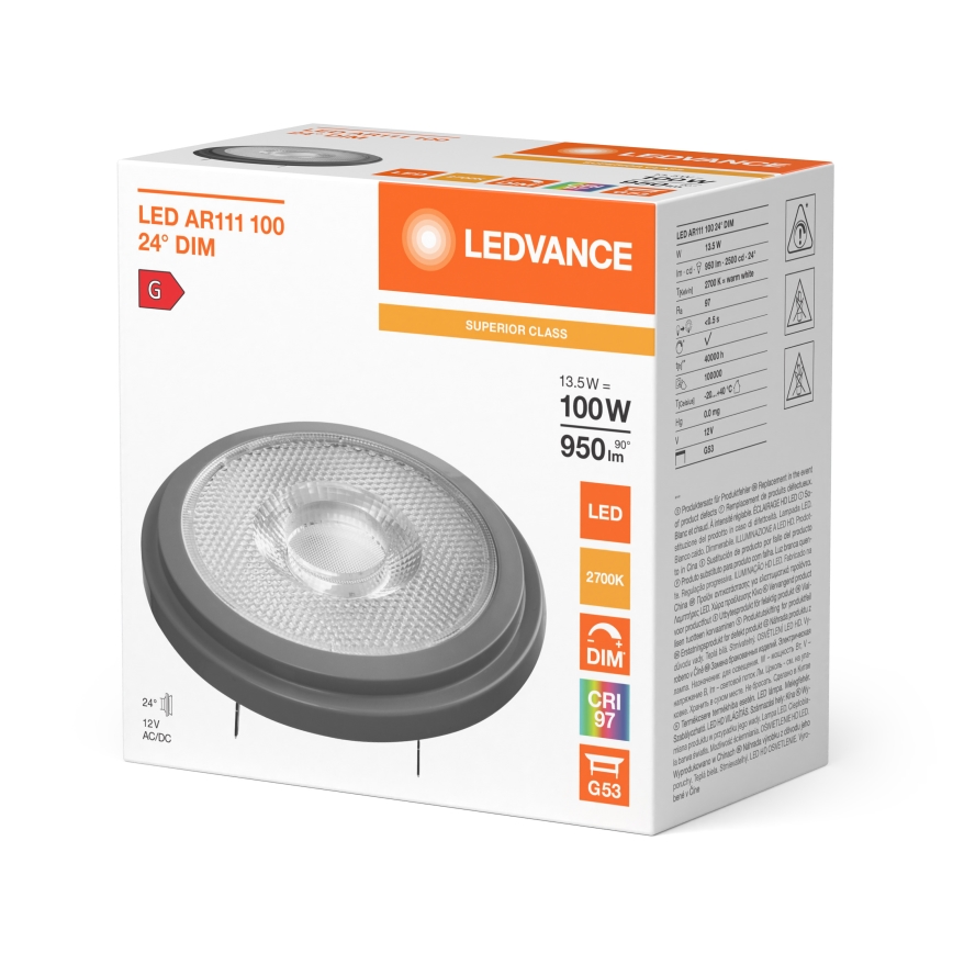 Ampoule LED dimmable AR111 G53/13,5W/12V 2700K 24° IRC 97 - Ledvance