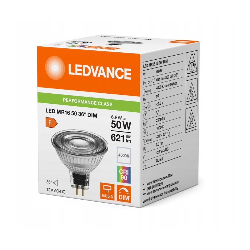 Ampoule spot LED dimmable MR16 GU5,3/6,8W/12V 4000K 36° IRC 90 - Ledvance