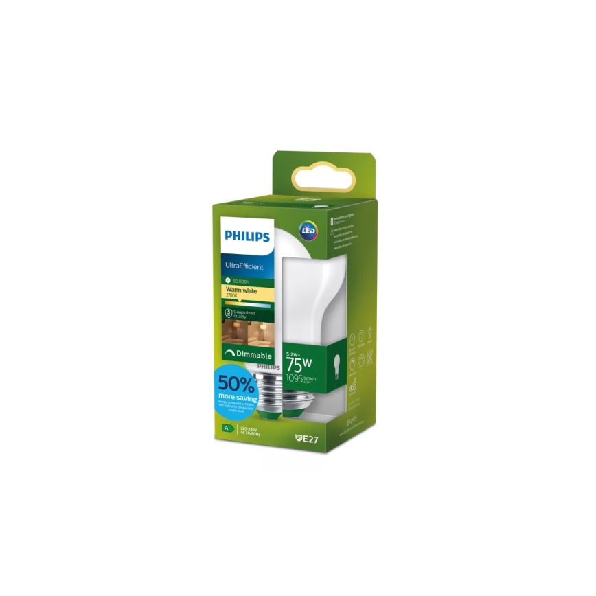Ampoule LED dimmable ULTRAEFFICIENT Philips A60 E27/5,2W/230V 2700K