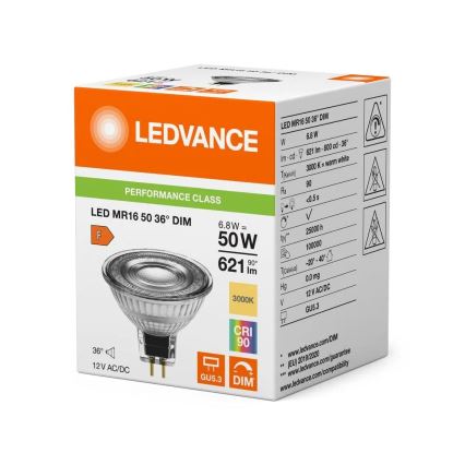 Ampoule LED gradable MR16 GU5,3/6,8W/12V 3000K 36° IRC 90 - Ledvance