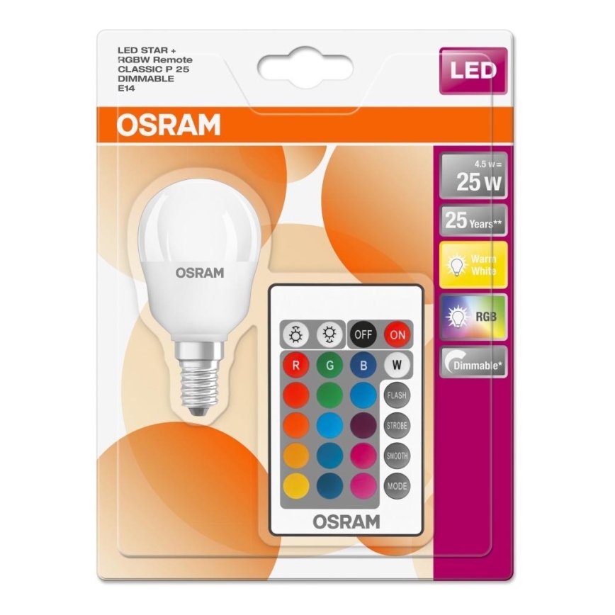 Ampoule LED RGBW à intensité variable RETROFIT E14/4,5W/230V 2700K + Télécommande - Osram