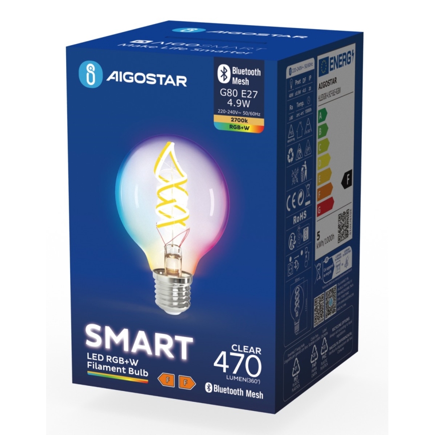 Ampoule à intensité variable LED RGBW FILAMENT MESH Smart G80 E27/4,9W/230V 2700K - Aigostar
