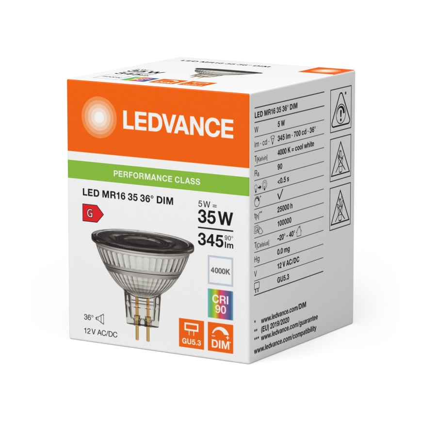 Ampoule LED spot dimmable MR16 GU5,3/5W/12V 4000K 36° IRC 90 - Ledvance