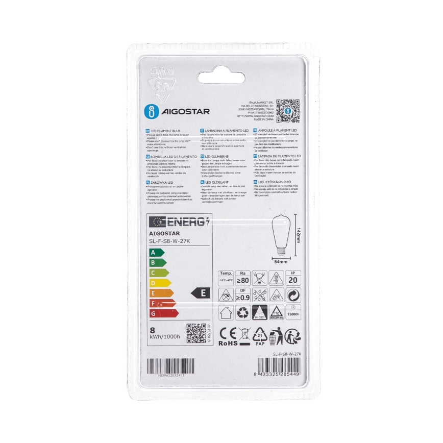 Ampoule LED ST64 E27/8W/230V 2700K - Aigostar