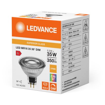 Ampoule LED dimmable réflecteur MR16 GU5,3/5,3W/12V 2700K 36° IRC 97 - Ledvance