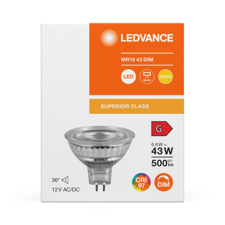 Ampoule LED dimmable réflecteur MR16 GU5,3/6,6W/12V 3000K 36° IRC 97 - Ledvance