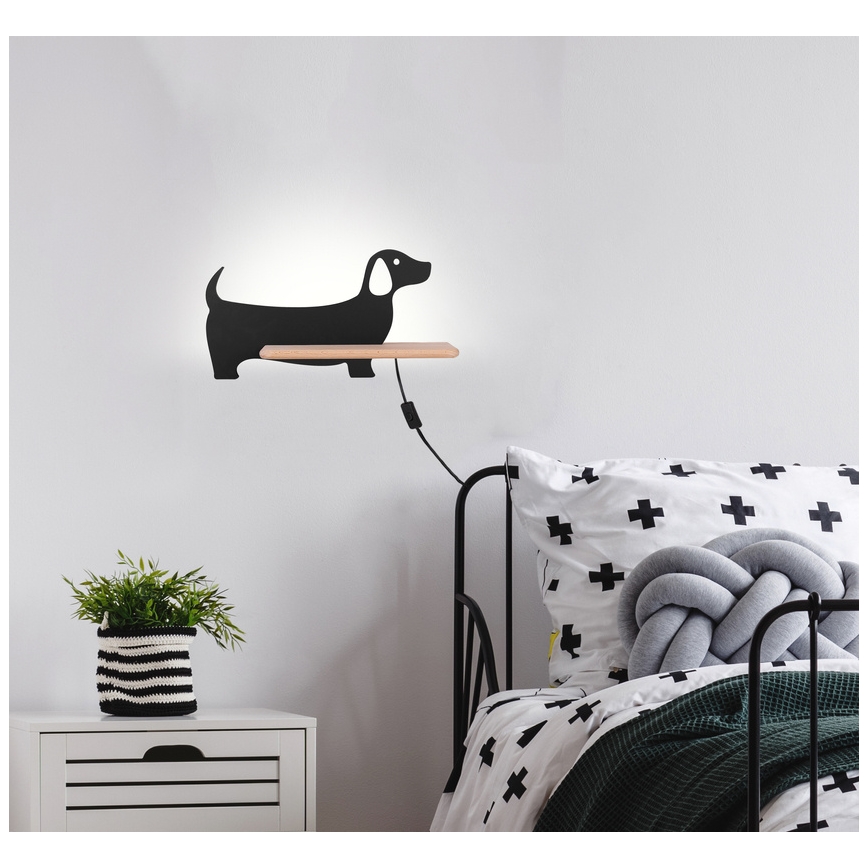 Applique murale enfant avec étagère DOG LED/5W/230V noir/bois