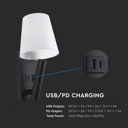 Applique murale LED avec port USB — 2W, 230V, 3000K — noir/blanc