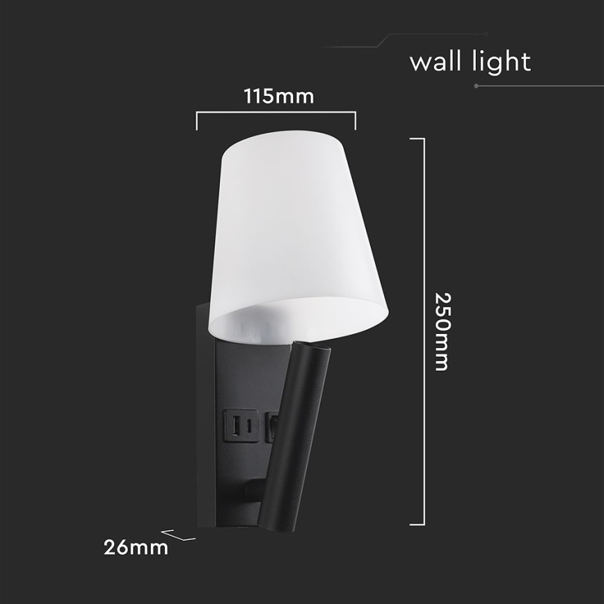 Applique murale LED avec port USB — 2W, 230V, 3000K — noir/blanc