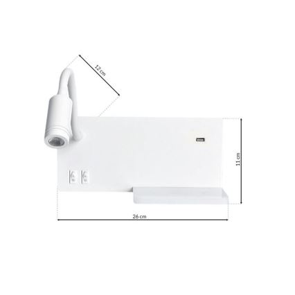 Applique murale LED SHELF LED/4W+LED/5W+LED/2W/230V + port USB blanche