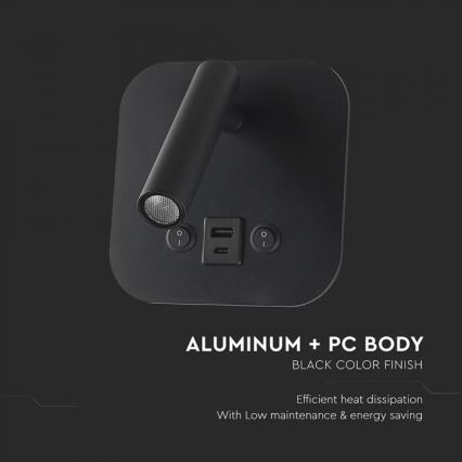 Applique murale orientable LED avec port USB LED/8W/230V 3000K noire