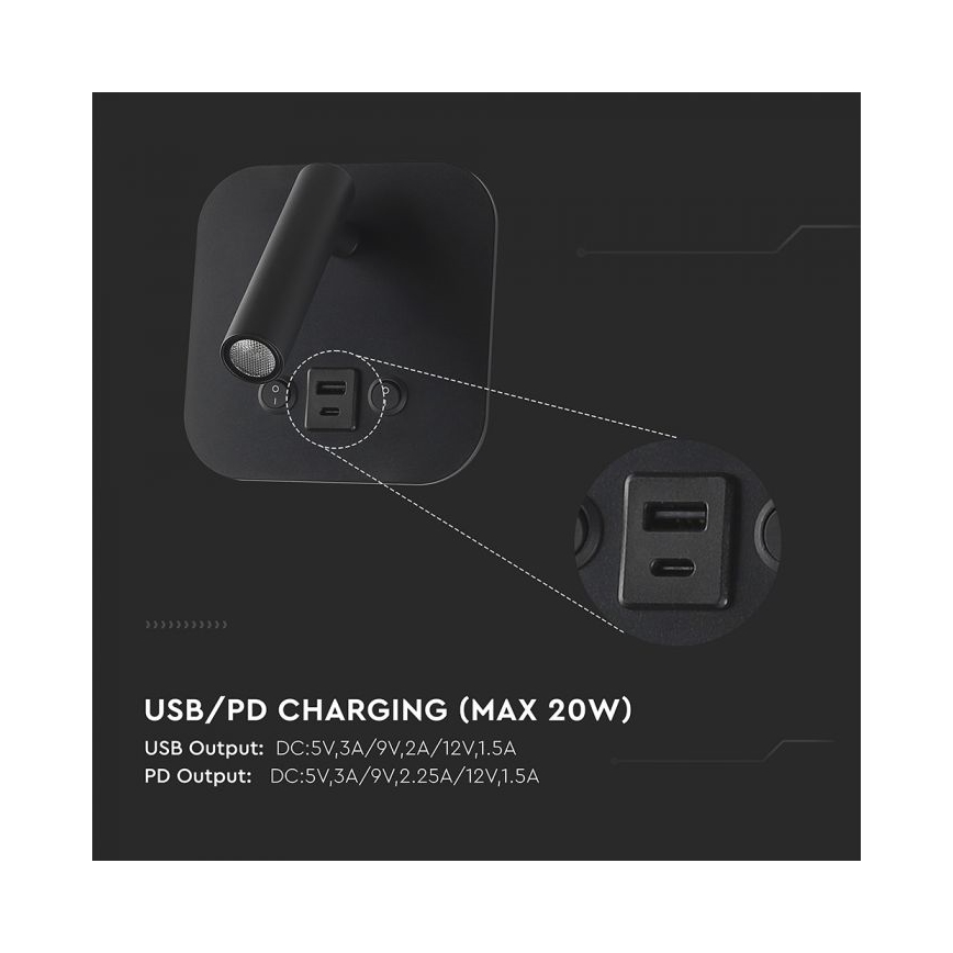 Applique murale orientable LED avec port USB LED/8W/230V 3000K noire