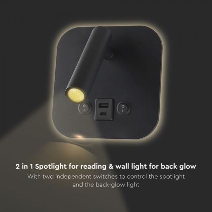 Applique murale orientable LED avec port USB LED/8W/230V 3000K noire