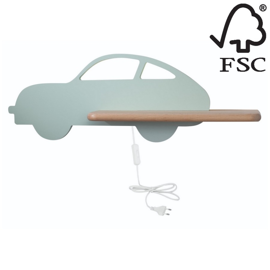 Applique murale pour enfant avec étagère CAR LED/5W/230V vert/bois - certifié FSC