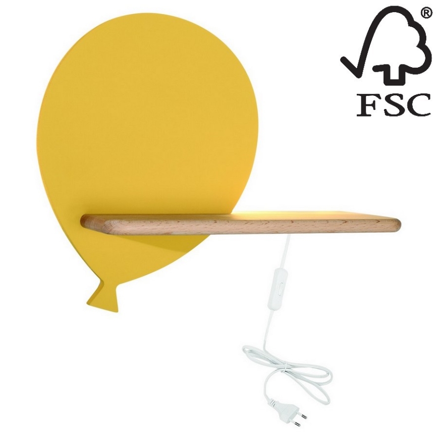 Applique murale pour enfants avec une étagère BALLOON LED/4W/230V jaune/bois - certifié FSC