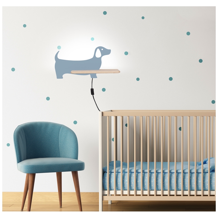 Applique murale pour enfants avec une étagère DOG LED/5W/230V bleu/bois - certifié FSC