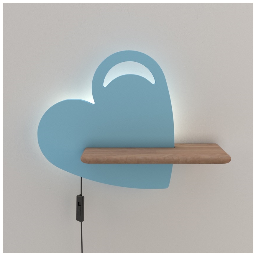 Applique murale pour enfants avec une étagère HEART LED/5W/230V bleu/bois - certifié FSC