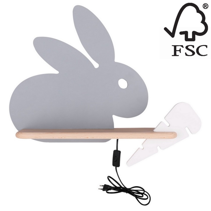 Applique murale pour enfants avec une étagère RABBIT LED/4W/230V gris/blanc/bois - certifié FSC