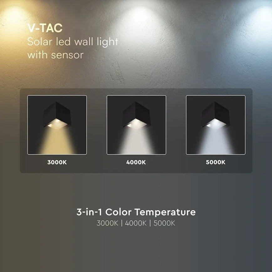 Applique murale solaire LED avec capteur LED/9W/3,7V 3000/4000/5000K IP65 2600 mAh noire