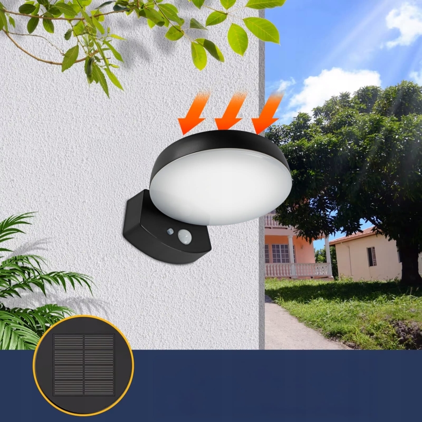 Applique murale solaire LED à intensité réglable avec capteur LED/3W/3,7V 1800 mAh IP54 noire