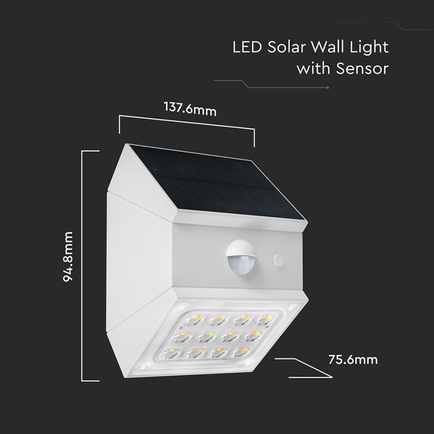 Applique solaire murale LED à capteur LED/2,5W/3,7V 3000/4000/6000K IP65 1200 mAh blanc