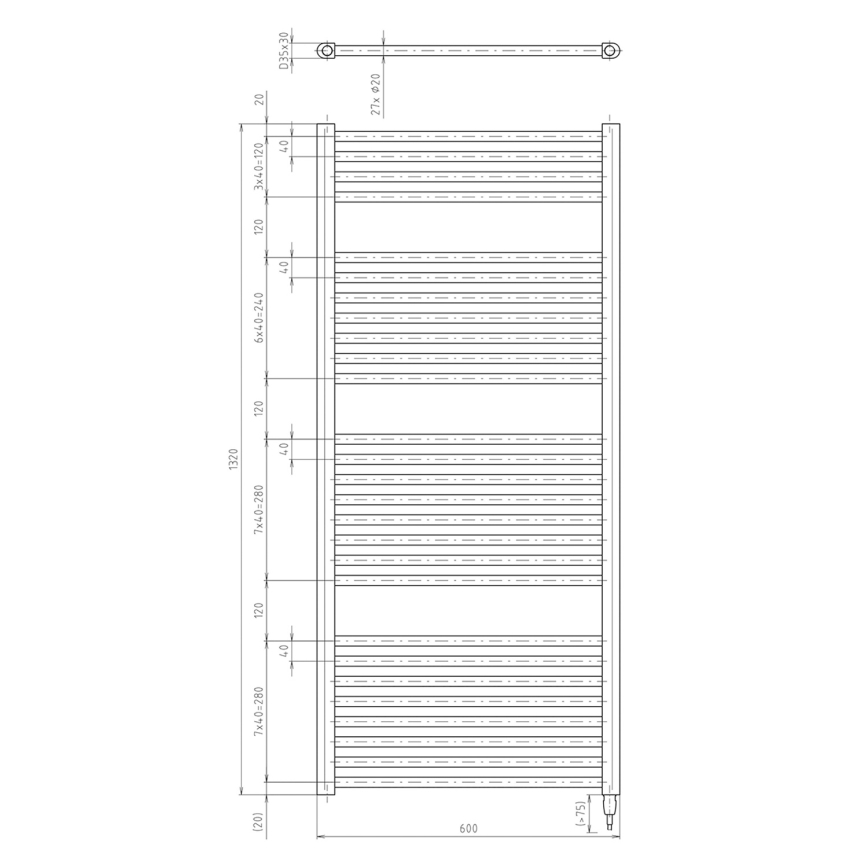 Aqualine - Elektrische badkamerradiator DIRECT-E 600W 132 x 60 cm mat zwart