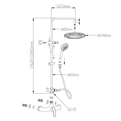 Aqualine - Ensemble de douche KASIOPEA avec mitigeur, chromé brillant