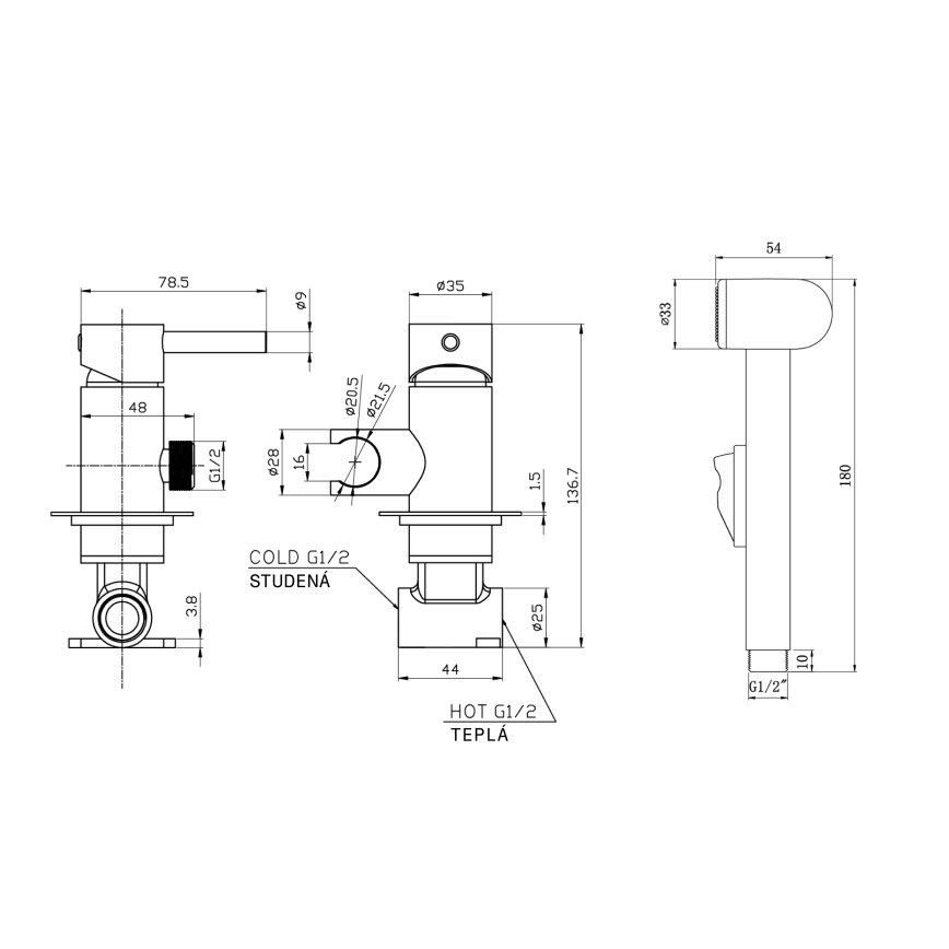 Aqualine - Robinet de bidet avec douchette pour installation encastrée mat noir
