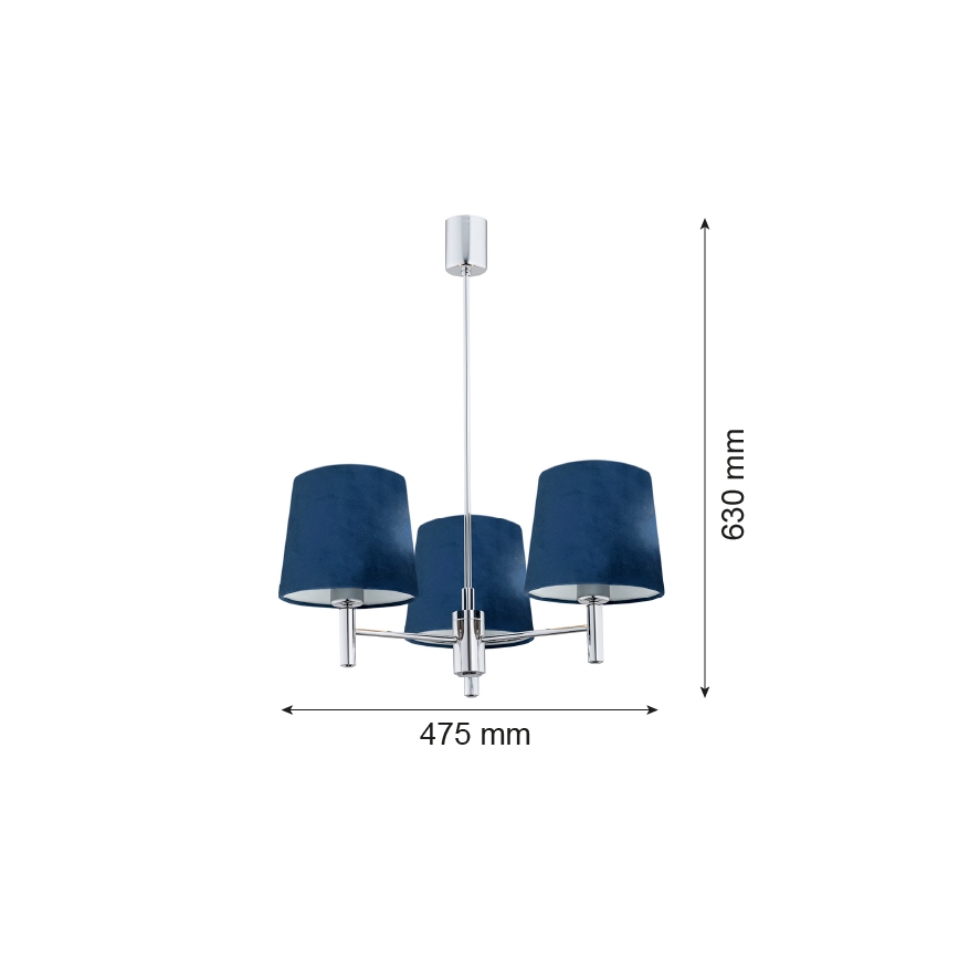 Argon 1381 - Hanglamp aan een paal BOLZANO 3xE27/15W/230V blauw/glanzend chroom